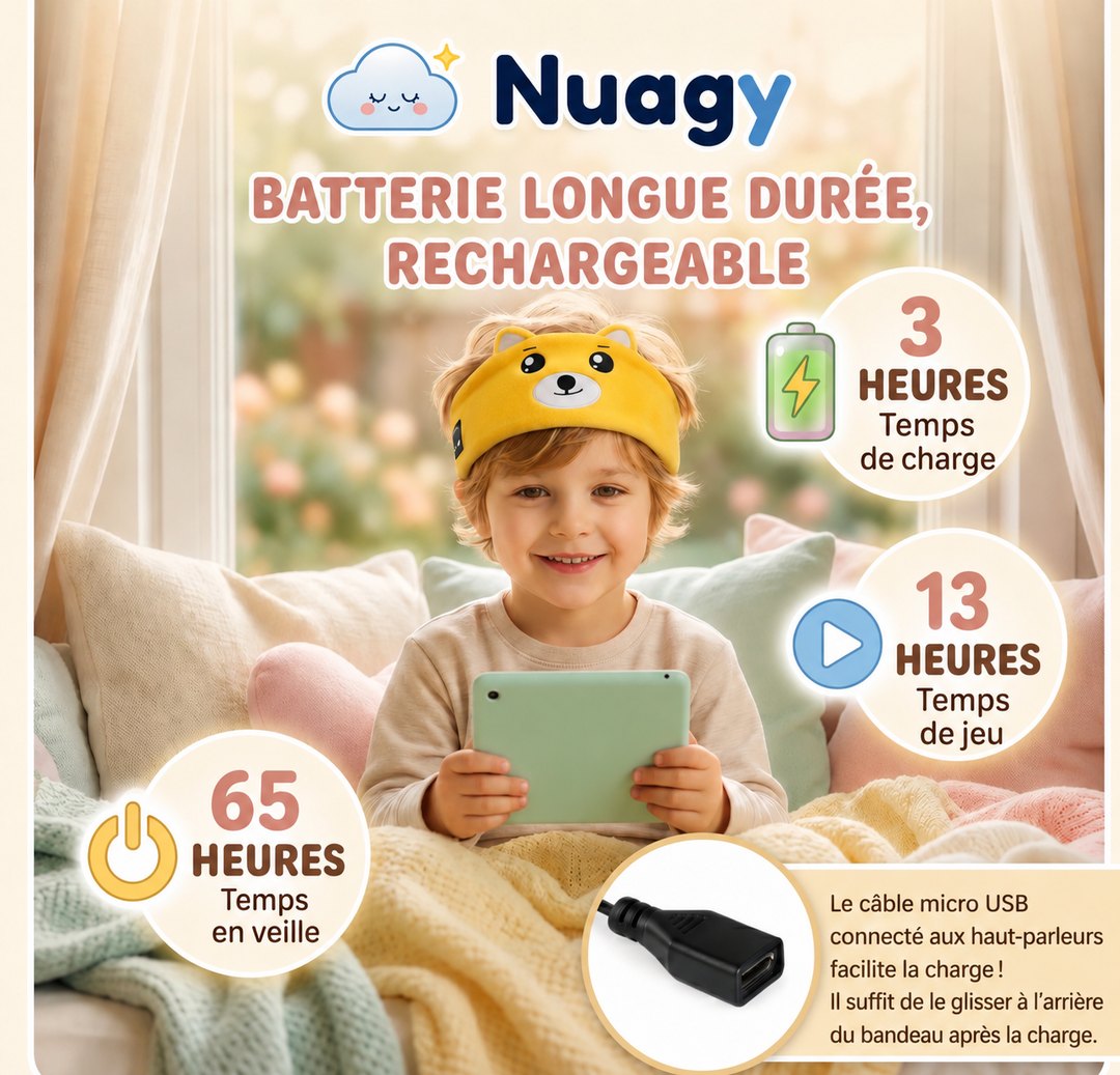 Batterie longue durée Nuagy : 3h de charge, 13h d'utilisation, 65h en veille