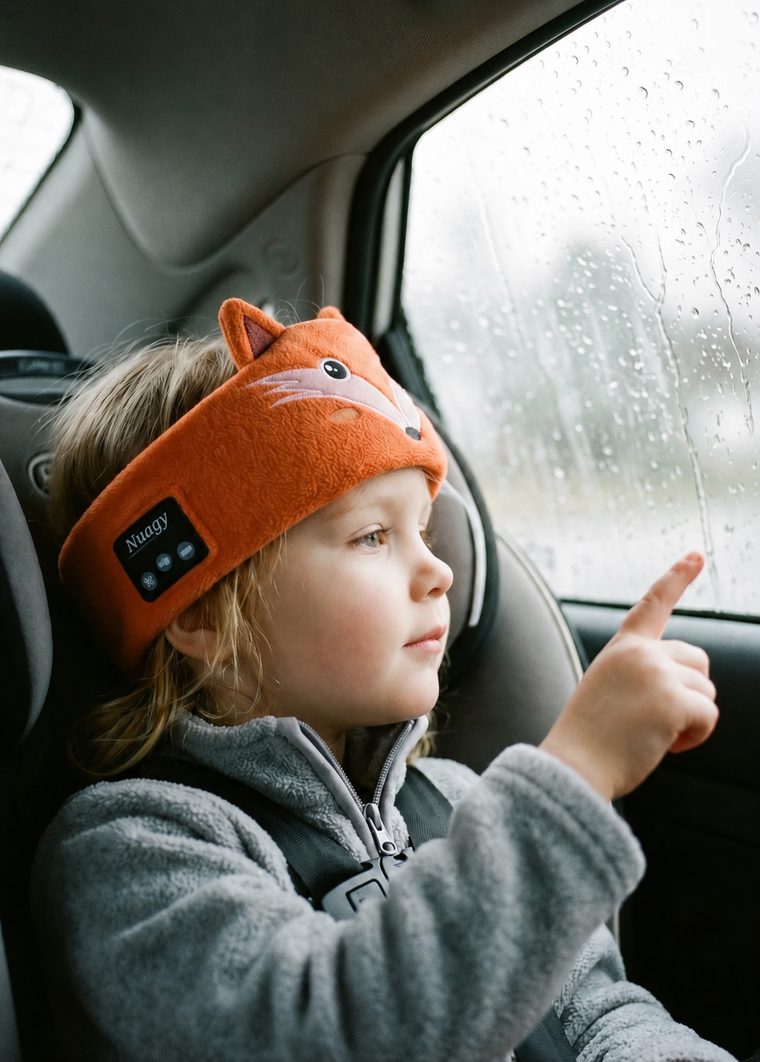 Enfant en voiture avec le bandeau Nuagy renard