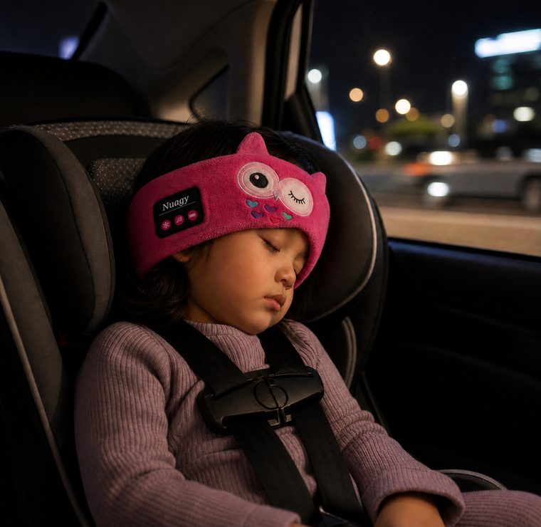 Enfant endormi en voiture avec le bandeau Nuagy hibou